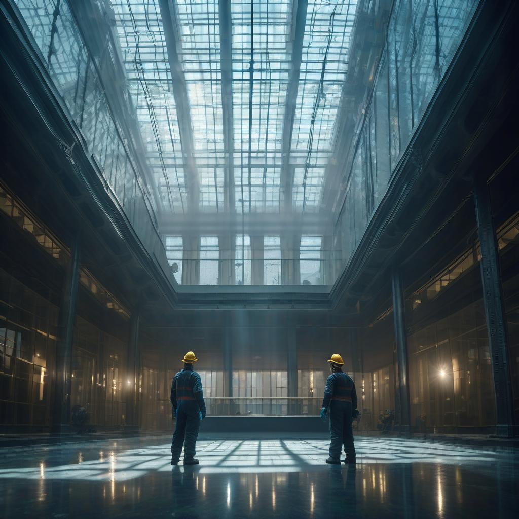  ['The worker arrived at the building to put the glass on the high floor.']. All the characters, masterpiece, best quality, symmetrical balance, beautiful surroundings, lots of details, detailed clothing, highly detailed, cinematic lighting, stunningly beautiful, intricate, sharp focus, f\/1. 8, 85mm, volumetric fog, HDR 4K, 8K