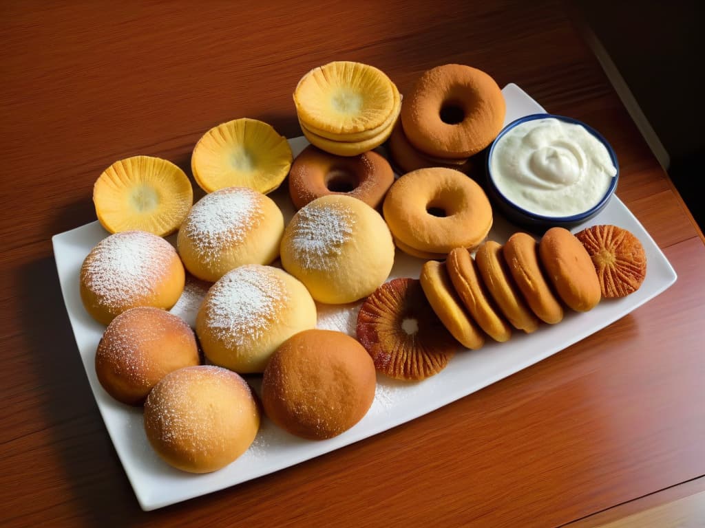  An image of a beautifully arranged platter filled with a colorful assortment of buñuelos from different Central American countries, showcasing their unique shapes, sizes, and toppings. Each buñuelo is meticulously crafted and garnished with local ingredients like plantains, cheese, and honey, creating a visually stunning display that highlights the rich culinary diversity of the region. The simple yet elegant presentation conveys a sense of sophistication and invites readers to explore the delicious world of Central American buñuelos. hyperrealistic, full body, detailed clothing, highly detailed, cinematic lighting, stunningly beautiful, intricate, sharp focus, f/1. 8, 85mm, (centered image composition), (professionally color graded), ((bright soft diffused light)), volumetric fog, trending on instagram, trending on tumblr, HDR 4K, 8K