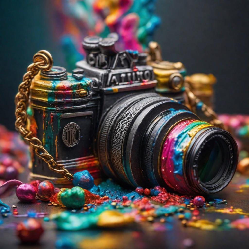  Camera with splases of colored paint earrings necklace hyperrealistic, full body, detailed clothing, highly detailed, cinematic lighting, stunningly beautiful, intricate, sharp focus, f/1. 8, 85mm, (centered image composition), (professionally color graded), ((bright soft diffused light)), volumetric fog, trending on instagram, trending on tumblr, HDR 4K, 8K