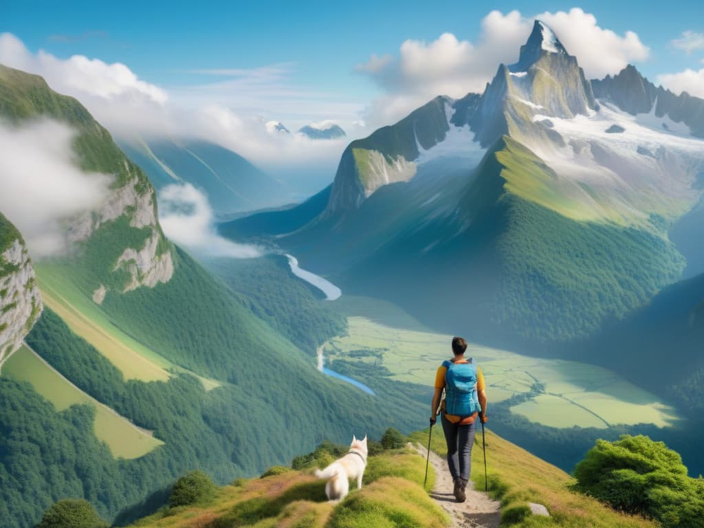  A highly detailed sketch of a serene mountain landscape, with towering peaks covered in snow, surrounded by lush green forests. In the foreground, a person is seen hiking with their welltrained pet, a friendly and energetic dog by their side. The dog is wearing a backpack filled with travel essentials, and they both exude a sense of enthusiasm and adventure. The clear blue sky above is dotted with fluffy white clouds, creating a perfect backdrop for this idyllic scene. The sketch captures the beauty and peacefulness of nature, while also showcasing the bond between humans and their animal companions, inspiring readers to embark on their own travel adventures with their pets. hyperrealistic, full body, detailed clothing, highly detailed, cinematic lighting, stunningly beautiful, intricate, sharp focus, f/1. 8, 85mm, (centered image composition), (professionally color graded), ((bright soft diffused light)), volumetric fog, trending on instagram, trending on tumblr, HDR 4K, 8K
