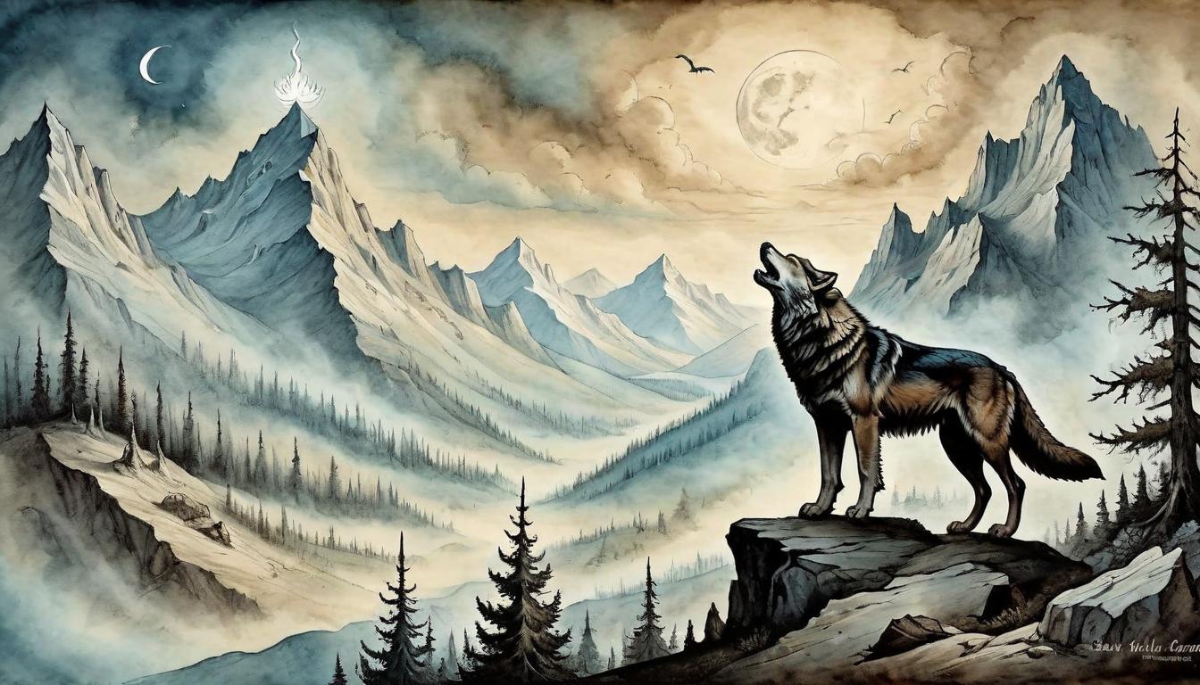  on parchment, surrealism+++, Lone wolf howling on a mountaintop, authenticity echoing through valleys, independent spirit, wild freedom(mysterious, provocative, symbolic,muted color)+++