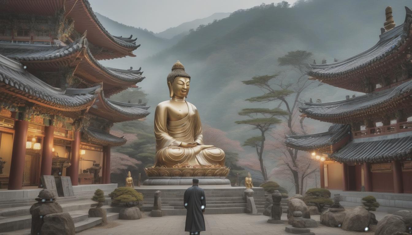  In Korea, the flourishing of Buddhism, Buddha statues, and temples. hyperrealistic, full body, detailed clothing, highly detailed, cinematic lighting, stunningly beautiful, intricate, sharp focus, f/1. 8, 85mm, (centered image composition), (professionally color graded), ((bright soft diffused light)), volumetric fog, trending on instagram, trending on tumblr, HDR 4K, 8K