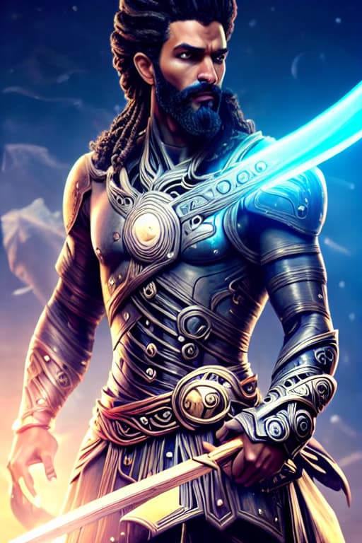 a photo of ddfusion style beautiful and tall warrior with long curly hair and beard black as night strong and delicate young face brown eyes wide nose full lips brown skin wore a dark blue tunic and pants and a long sword starry sky, realistic, hyper realistic, ultra HD, studio light, silk, octane rendering, ultra detailed, 8k, cinematic, sharp focus hyperrealistic, full body, detailed clothing, highly detailed, cinematic lighting, stunningly beautiful, intricate, sharp focus, f/1. 8, 85mm, (centered image composition), (professionally color graded), ((bright soft diffused light)), volumetric fog, trending on instagram, trending on tumblr, HDR 4K, 8K