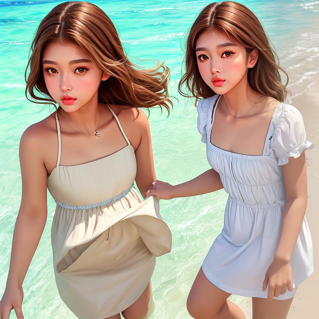  masterpiece, best quality, goddess, tan skin, female, small light brown eyes, big pout lips, short brown hair, big cheeks , ocean, summer, white dress