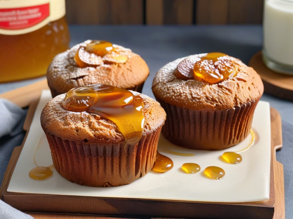  An ultradetailed closeup image of a golden honey drizzle cascading over a stack of freshly baked whole grain muffins, highlighting the glistening texture and rich amber color of the honey against the rustic backdrop of the muffins. The intricate details capture the sticky viscosity of the honey as it slowly envelops the muffins, evoking a sense of warmth and sweetness that perfectly complements the theme of natural baking sweeteners. hyperrealistic, full body, detailed clothing, highly detailed, cinematic lighting, stunningly beautiful, intricate, sharp focus, f/1. 8, 85mm, (centered image composition), (professionally color graded), ((bright soft diffused light)), volumetric fog, trending on instagram, trending on tumblr, HDR 4K, 8K