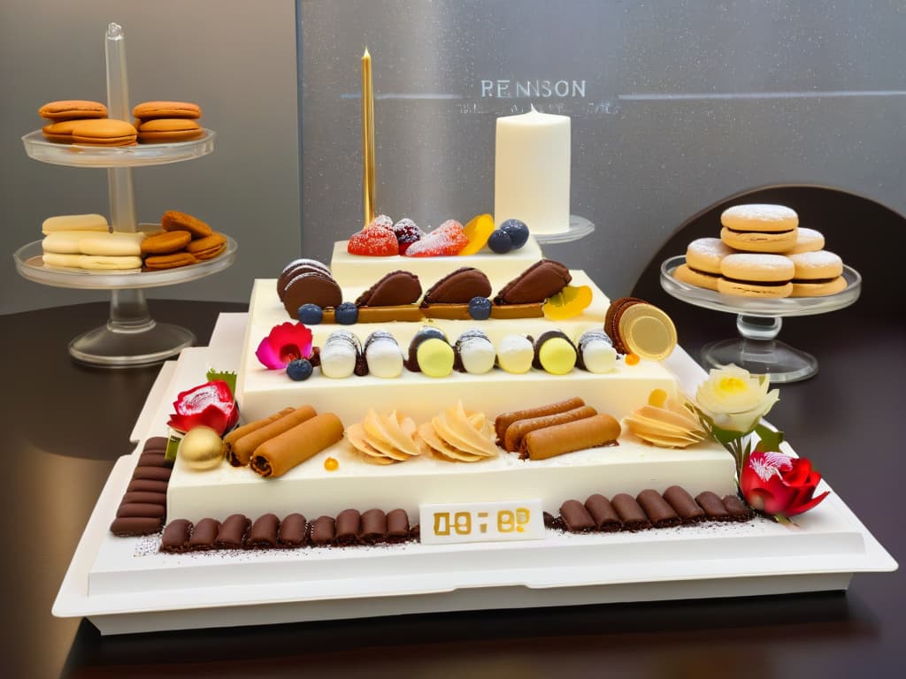  A highresolution image of a beautifully arranged dessert table showcasing traditional desserts from different countries to celebrate births. The table includes colorful delicacies like Turkish delight, French macarons, Italian cannoli, Spanish churros, and Japanese mochi, all elegantly presented on white platters with fresh flowers as garnish. The background is simple and clean, emphasizing the vibrant colors and textures of the desserts, creating a visually appealing and appetizing scene. hyperrealistic, full body, detailed clothing, highly detailed, cinematic lighting, stunningly beautiful, intricate, sharp focus, f/1. 8, 85mm, (centered image composition), (professionally color graded), ((bright soft diffused light)), volumetric fog, trending on instagram, trending on tumblr, HDR 4K, 8K