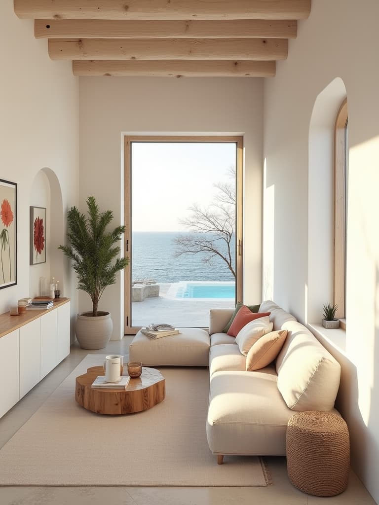  this editorial photography showcases a living room designed in the ibicenco style, characterized by white washed walls, natural materials, and rustic elegance that seamlessly blends indoor and outdoor living. the image captures the gathering space from a creative dutch angle, emphasizing the unique design perspective. the color scheme features variations of white, including off white (rgb 255, 255, 240), silk white (rgb 255, 248, 240), cream white (rgb 255, 253, 208), antique white (rgb 250, 235, 215), and chalk white (rgb 240, 240, 255), complemented by the warm glow of sunset lighting. pine wood accents add a touch of natural texture to the serene setting.