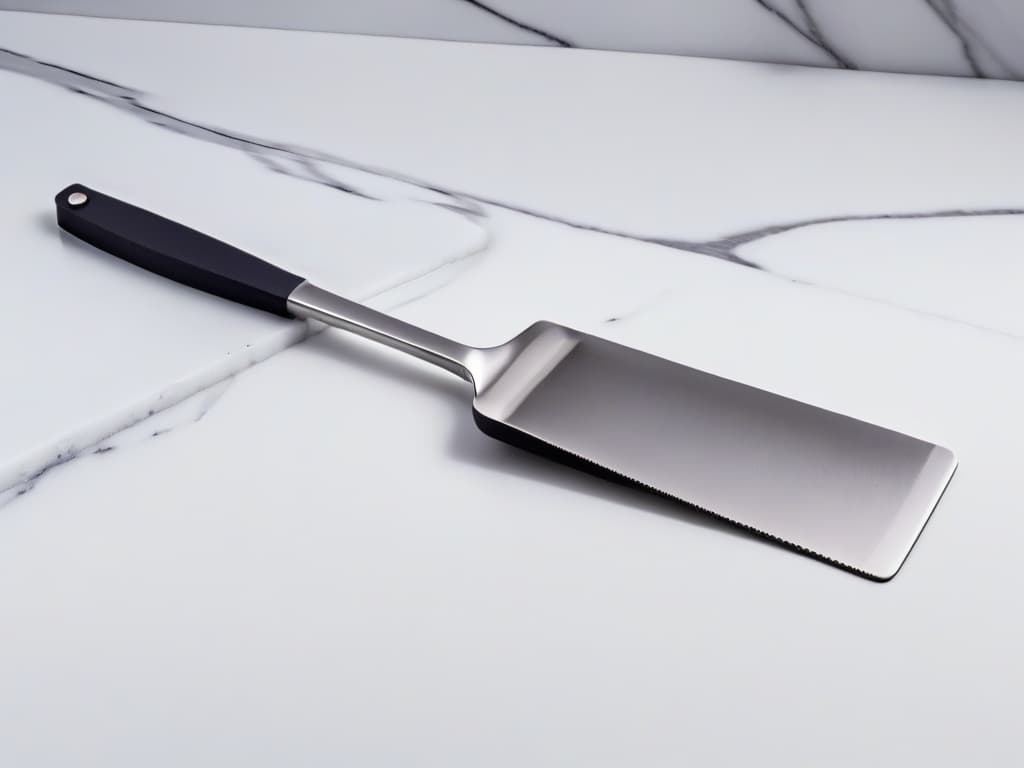  A closeup, ultradetailed image of a sleek, modern baking spatula made of polished stainless steel with a black matte handle, resting on a pristine marble countertop. The light catches the edges of the spatula, highlighting its precise design and quality craftsmanship. The minimalist composition emphasizes the elegance and functionality of this essential baking tool, embodying the essence of the latest baking utensil trends for 2022. hyperrealistic, full body, detailed clothing, highly detailed, cinematic lighting, stunningly beautiful, intricate, sharp focus, f/1. 8, 85mm, (centered image composition), (professionally color graded), ((bright soft diffused light)), volumetric fog, trending on instagram, trending on tumblr, HDR 4K, 8K