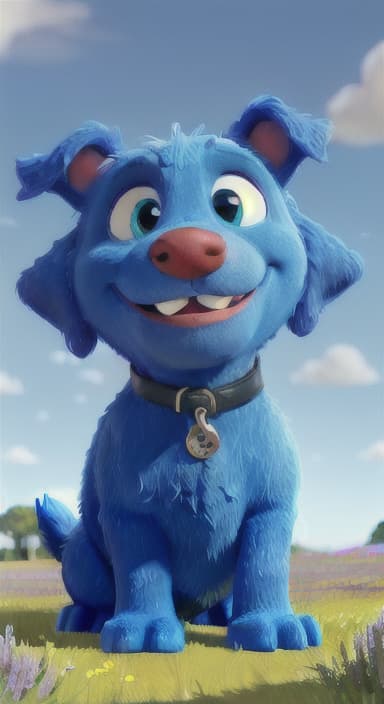  {A happy, big blue dog wagging its tail in a colorful meadow, The big blue dog is large with sky blue fur, big round eyes, a black nose, and floppy ears.