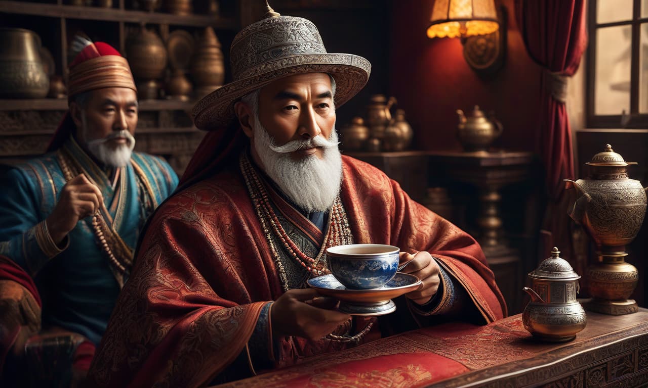  Visual art of a place where inventions and adventures are felt, a very detailed and deep representation. A in ethnic clothing is sipping tea from a bowl. Use only three colors and their shades. hyperrealistic, full body, detailed clothing, highly detailed, cinematic lighting, stunningly beautiful, intricate, sharp focus, f/1. 8, 85mm, (centered image composition), (professionally color graded), ((bright soft diffused light)), volumetric fog, trending on instagram, trending on tumblr, HDR 4K, 8K