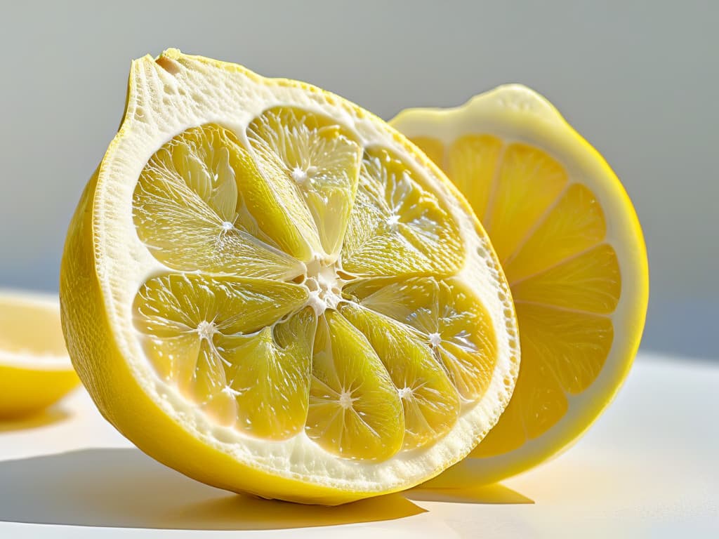  A closeup, ultradetailed photograph of a perfectly ripe lemon slice, showcasing the intricate details of the pulp, seeds, and edges, against a stark white background. The vibrant yellow color of the lemon pops against the minimalist backdrop, evoking a sense of freshness and acidity. hyperrealistic, full body, detailed clothing, highly detailed, cinematic lighting, stunningly beautiful, intricate, sharp focus, f/1. 8, 85mm, (centered image composition), (professionally color graded), ((bright soft diffused light)), volumetric fog, trending on instagram, trending on tumblr, HDR 4K, 8K