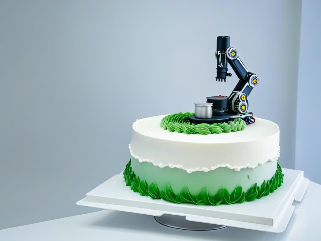  A sleek, modern robotic arm delicately piping intricate frosting swirls onto a beautifully crafted cake, set against a clean, white background, showcasing the seamless integration of robotics in pastrymaking. hyperrealistic, full body, detailed clothing, highly detailed, cinematic lighting, stunningly beautiful, intricate, sharp focus, f/1. 8, 85mm, (centered image composition), (professionally color graded), ((bright soft diffused light)), volumetric fog, trending on instagram, trending on tumblr, HDR 4K, 8K