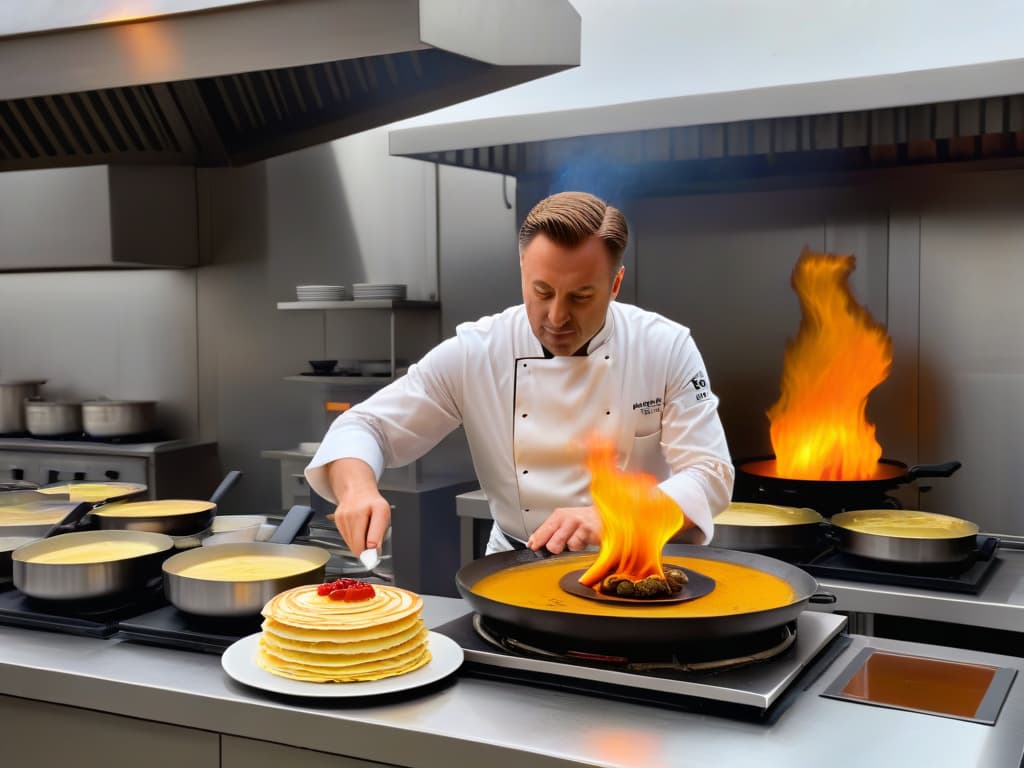  An exquisite, photorealistic image depicting a French chef meticulously preparing Crepes Suzette in a bustling, elegant kitchen. The chef is skillfully flipping a delicate crepe in a flaming pan, creating a mesmerizing display of flames and caramelized sugar. The kitchen is filled with an array of fresh ingredients, stainless steel cookware, and elegant French decor, evoking a sense of culinary artistry and tradition. The warm glow of the flames illuminates the chef's focused expression, capturing the essence of this classic French dish with a touch of drama and sophistication. hyperrealistic, full body, detailed clothing, highly detailed, cinematic lighting, stunningly beautiful, intricate, sharp focus, f/1. 8, 85mm, (centered image composition), (professionally color graded), ((bright soft diffused light)), volumetric fog, trending on instagram, trending on tumblr, HDR 4K, 8K