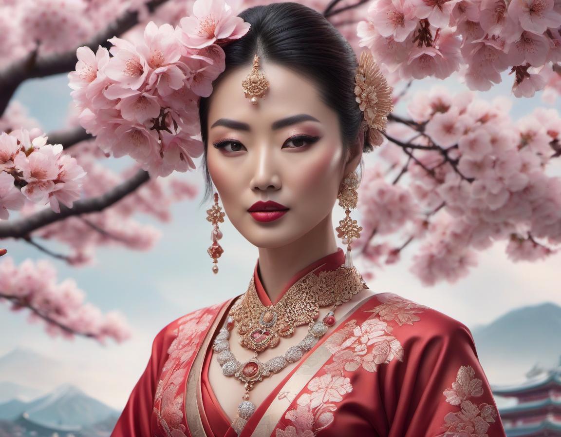  An illustration of a woman in traditional Asian attire with intricate jewelry, against a backdrop of cherry blossoms. hyperrealistic, full body, detailed clothing, highly detailed, cinematic lighting, stunningly beautiful, intricate, sharp focus, f/1. 8, 85mm, (centered image composition), (professionally color graded), ((bright soft diffused light)), volumetric fog, trending on instagram, trending on tumblr, HDR 4K, 8K