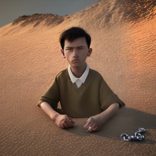 redshift style a sadly boy in a miserable mood and he has a big necklace which clothes in prison and site down on the sand