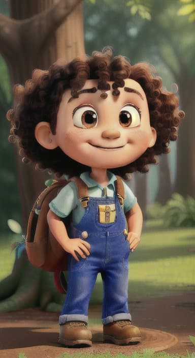  {The tree with a smiling face formed by its bark, looking down at Riley., Riley, a curious with big brown eyes and curly hair, wearing overalls and carrying a small backpack. Their friend, Skye, a bluebird with shiny feathers.