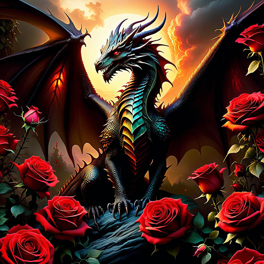  ethereal fantasy concept art of This dragon may look scary, but he has a good heart. Accompanied by a devoted phoenix, roses bloom wherever he is. . magnificent, celestial, ethereal, painterly, epic, majestic, magical, fantasy art, cover art, dreamy hyperrealistic, full body, detailed clothing, highly detailed, cinematic lighting, stunningly beautiful, intricate, sharp focus, f/1. 8, 85mm, (centered image composition), (professionally color graded), ((bright soft diffused light)), volumetric fog, trending on instagram, trending on tumblr, HDR 4K, 8K