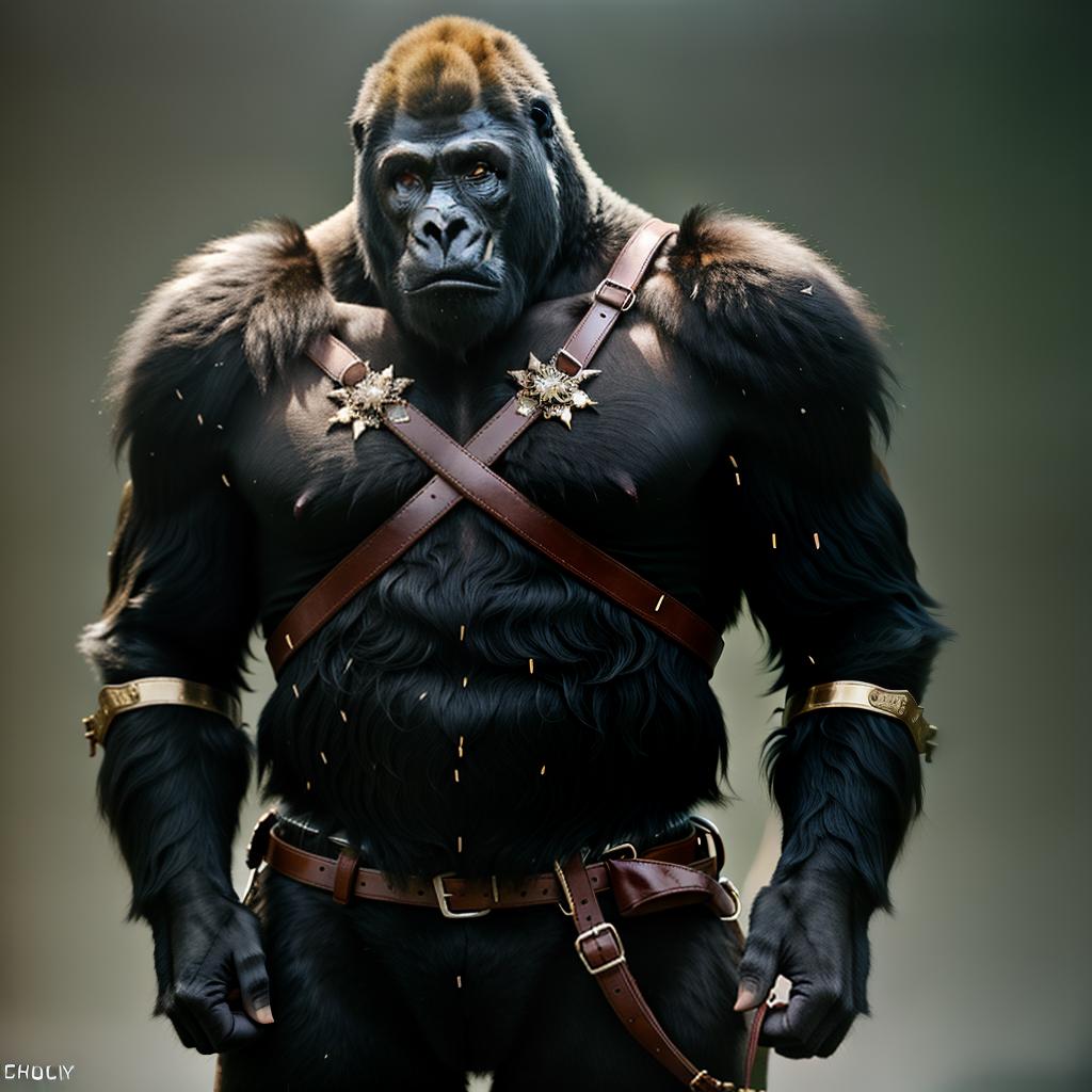  Gorilla in jousting armor hyperrealistic, full body, detailed clothing, highly detailed, cinematic lighting, stunningly beautiful, intricate, sharp focus, f/1. 8, 85mm, (centered image composition), (professionally color graded), ((bright soft diffused light)), volumetric fog, trending on instagram, trending on tumblr, HDR 4K, 8K