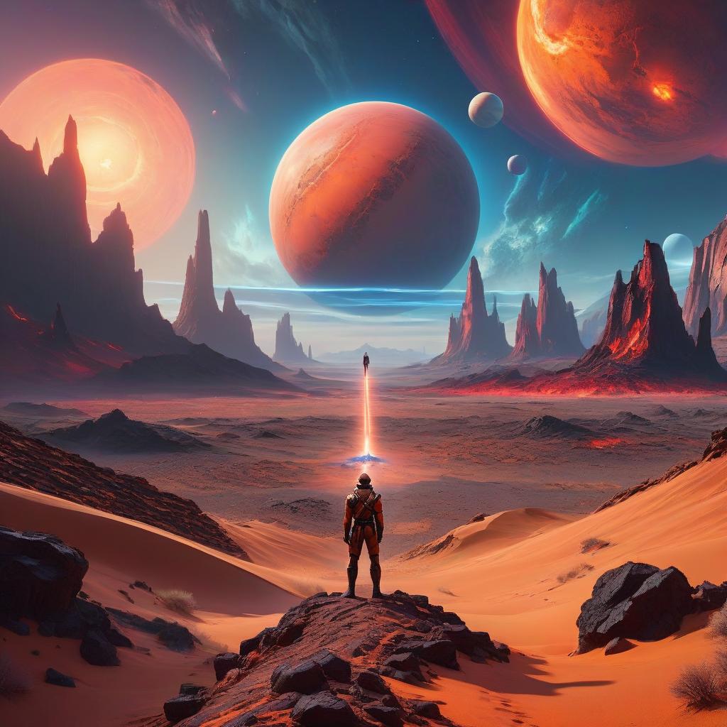  anime artwork (masterpiece, extremely high detailed, 64K megapixels, 8K high resolution:1.3), man standing in the middle of a desert with planets in the background, inspired by Beeple and space art, icy road on a planet of lava setting, (Dan Mumford and Albert Bierstadt:1.2) influences, gazing out into space, red sprites dancing in the atmosphere, creative lighting style casting surreal shadows, ethereal glow, vertical wallpaper composition, wanderers traveling from afar, lost in the milky void, intricate details on the lava terrain, cosmic backdrop with swirling planets, mysterious and otherworldly atmosphere, trends on digital art platforms. . anime style, key visual, vibrant, studio anime, highly detailed hyperrealistic, full body, detailed clothing, highly detailed, cinematic lighting, stunningly beautiful, intricate, sharp focus, f/1. 8, 85mm, (centered image composition), (professionally color graded), ((bright soft diffused light)), volumetric fog, trending on instagram, trending on tumblr, HDR 4K, 8K