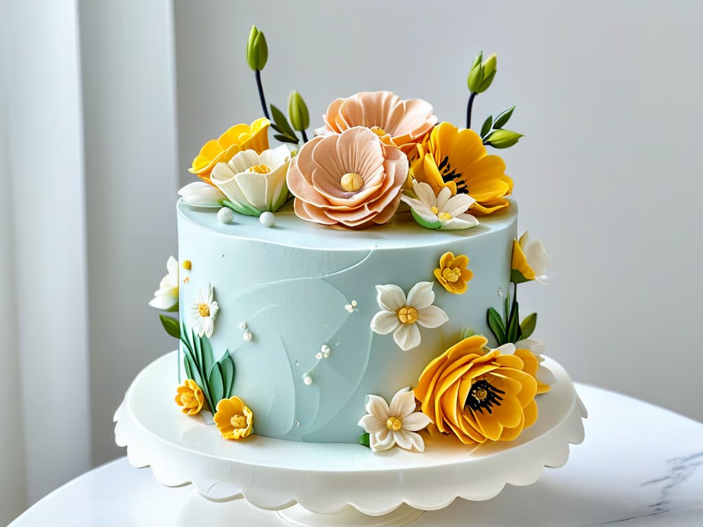  A closeup, ultradetailed image of a beautifully intricate, multilayered cake decorated with delicate fondant flowers in pastel colors, sitting on a sleek, modern marble cake stand under soft, natural lighting. The focus is on the exquisite craftsmanship of the sugar flowers, showcasing the artistry and precision involved in creating such a stunning centerpiece for a creative baking retreat. hyperrealistic, full body, detailed clothing, highly detailed, cinematic lighting, stunningly beautiful, intricate, sharp focus, f/1. 8, 85mm, (centered image composition), (professionally color graded), ((bright soft diffused light)), volumetric fog, trending on instagram, trending on tumblr, HDR 4K, 8K