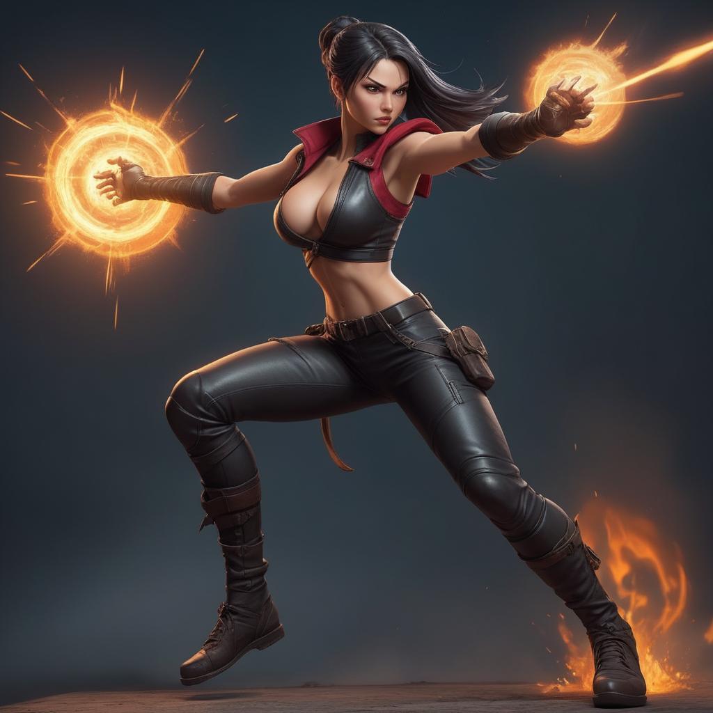 fighting game style A tall girl, a short, taut leather, without a, a short,, and leggings. . dynamic, vibrant, action-packed, detailed character design, reminiscent of fighting video games