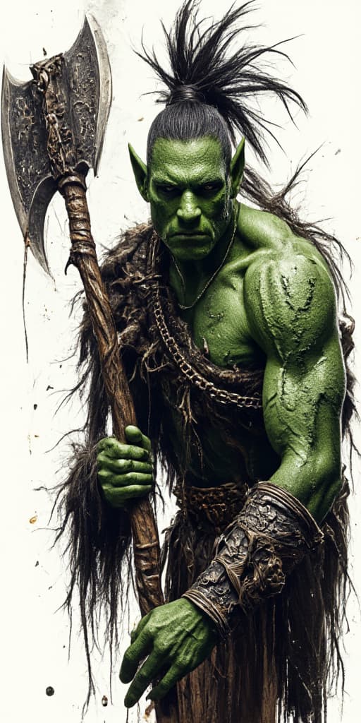  detail, photo, cinscene, dreamwalking a green skinned battle scarred orc barbarian with is wielding a great axe; dark ambience