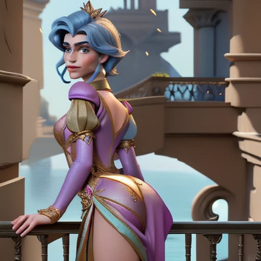  Fantasy Disney princes,seen from the back,wearing skinny transparant but opulent looking costume and short dress,bending forward stone balcony watching her beautifull kingdom outside the pallace where the sun is getting low