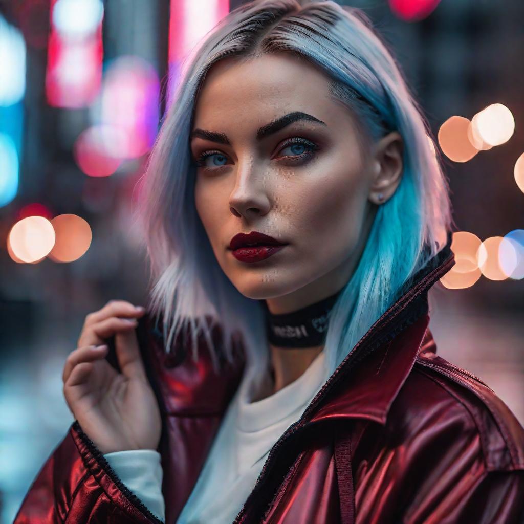  8K,in-frame,symmetrical balance,unedited,RAW,8K,1/160s,ISO 200,f/1.4,nikon,Canon EOS R3,dark red city,magic neon,cinematic lighting,hyper detail,shaved side haircut,blue eyes,ultra realistic close up portrait ((beautiful pale cyberpunk female with heavy black eyeliner)) hyperrealistic, full body, detailed clothing, highly detailed, cinematic lighting, stunningly beautiful, intricate, sharp focus, f/1. 8, 85mm, (centered image composition), (professionally color graded), ((bright soft diffused light)), volumetric fog, trending on instagram, trending on tumblr, HDR 4K, 8K