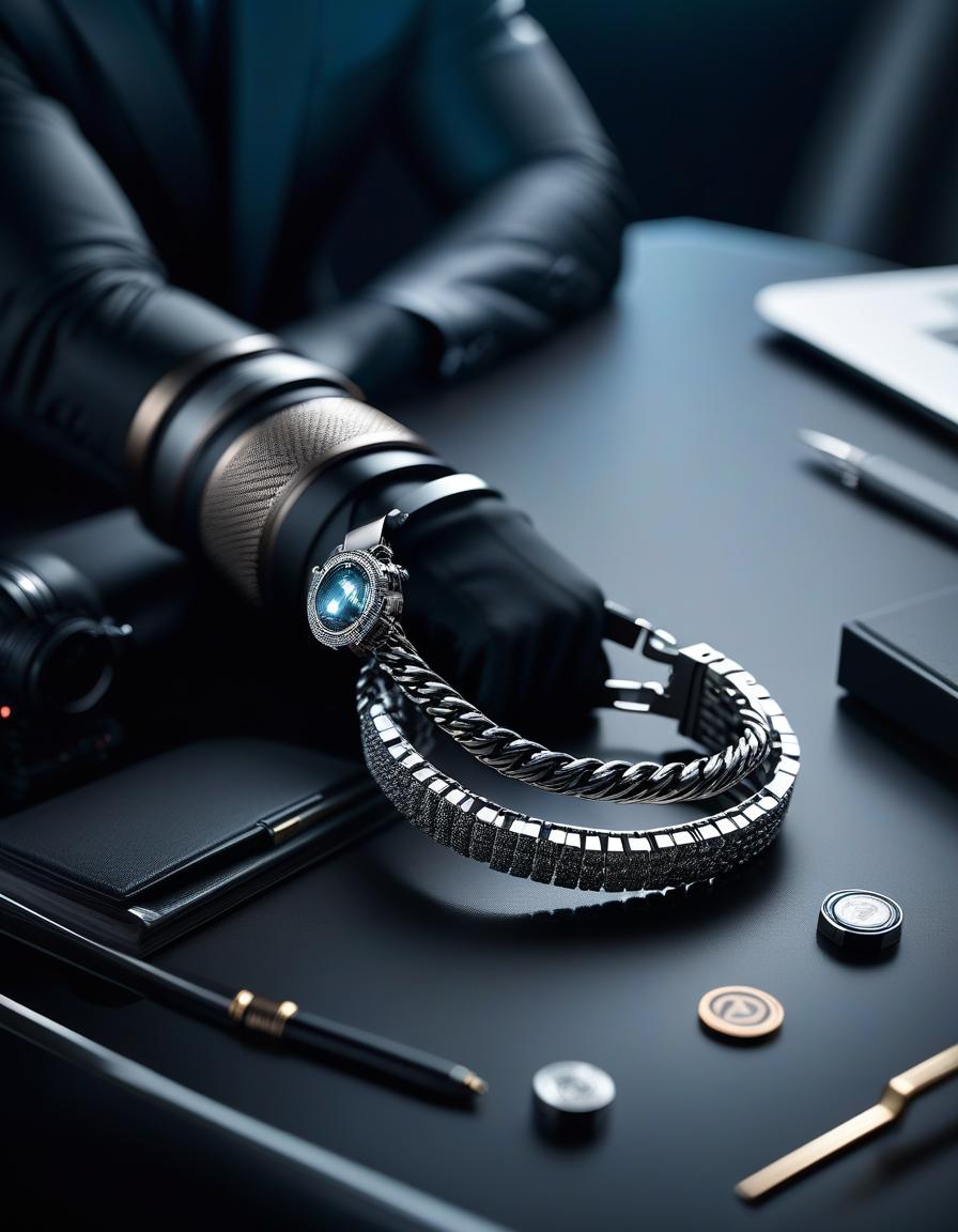  Bracelet, lying on the table, high tech, in the style of nanotechnology. hyperrealistic, full body, detailed clothing, highly detailed, cinematic lighting, stunningly beautiful, intricate, sharp focus, f/1. 8, 85mm, (centered image composition), (professionally color graded), ((bright soft diffused light)), volumetric fog, trending on instagram, trending on tumblr, HDR 4K, 8K