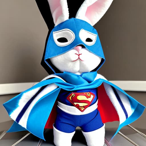  a superhero bunny with a blue striped cape and a blue striped mask