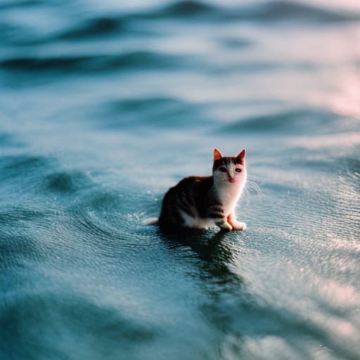 analog style A cat and a mouse are floating on a board in the middle of the ocean.