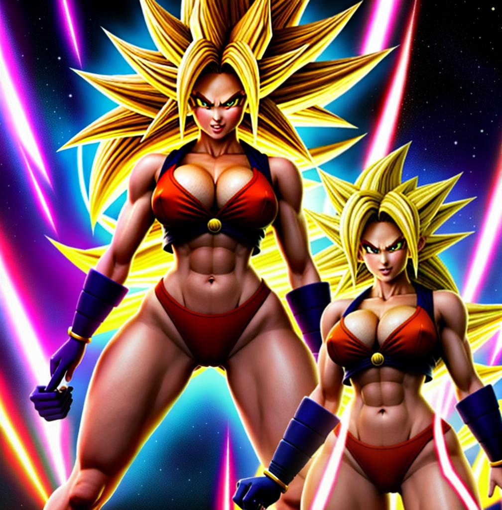  ((foto de cuerpo completo, pie plano, cuerpo recto)), ((laura {Super Super Saiyan mujer con grandes pechos})), ((lleva puesto son goku+Los disfraces de ella son extremadamente ajustados a su cuerpo.))