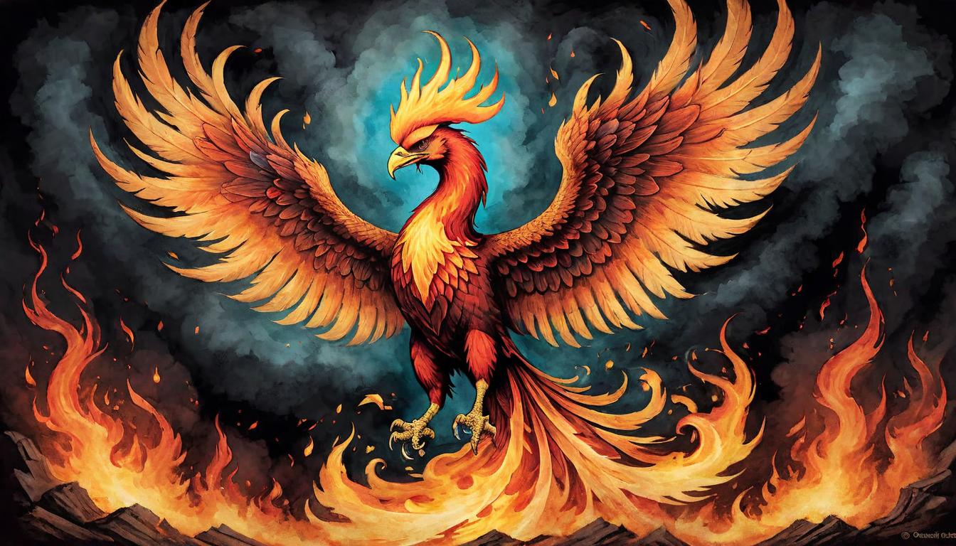  on parchment, surrealism+++, A phoenix rising from ashes, brilliant flames, dark background, rebirth, powerful sign, near manifestation(mysterious, provocative, symbolic,muted color)+++