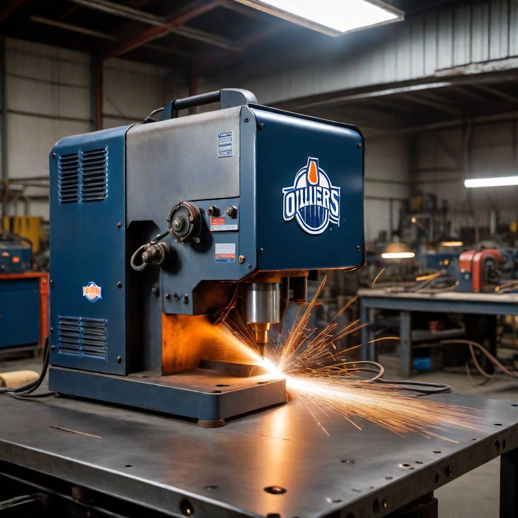  An image of a welding machine with an Edmonton Oilers logo on it. The machine should be metallic and industrial-looking, with the logo prominently displayed on the surface. The background should be a workshop setting with tools and equipment around. hyperrealistic, full body, detailed clothing, highly detailed, cinematic lighting, stunningly beautiful, intricate, sharp focus, f/1. 8, 85mm, (centered image composition), (professionally color graded), ((bright soft diffused light)), volumetric fog, trending on instagram, trending on tumblr, HDR 4K, 8K