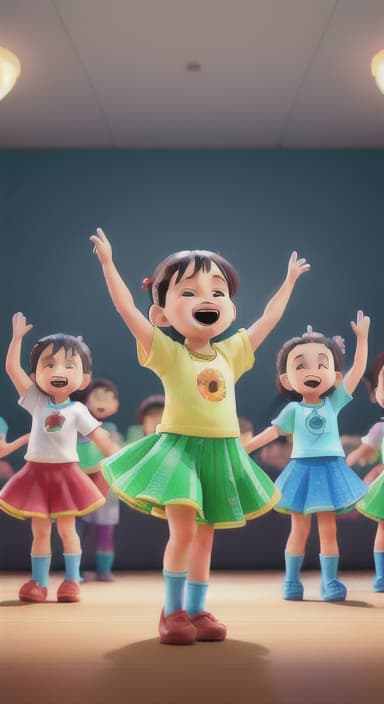  {Children singing and dancing with wide smiles and musical notes floating around them., Kids joyfully dancing and singing, showing their energy and happiness.