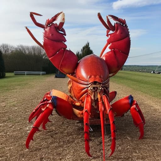  a giant lobster with a chicken on its shoulder