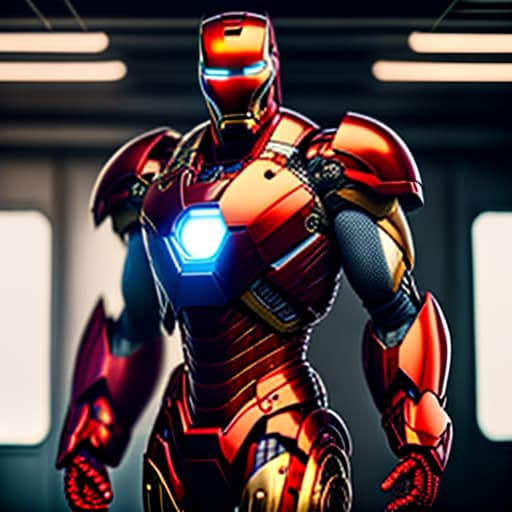 estilovintedois iron man hyperrealistic, full body, detailed clothing, highly detailed, cinematic lighting, stunningly beautiful, intricate, sharp focus, f/1. 8, 85mm, (centered image composition), (professionally color graded), ((bright soft diffused light)), volumetric fog, trending on instagram, trending on tumblr, HDR 4K, 8K