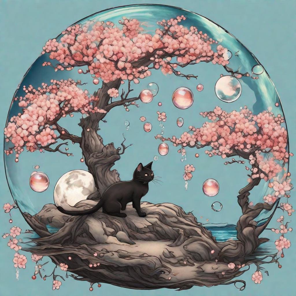  masterpiece, best quality, I want a bubble tattoo and inside the bubble is a storms moon cherry blossom trees little sleeping dragon in the cloud and kitty underneath the cherry blossom tree and ocean has koi fishes in it