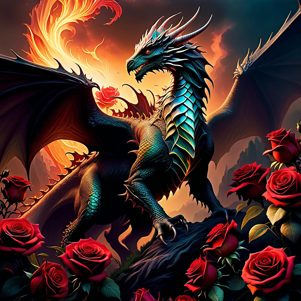  ethereal fantasy concept art of This dragon may look scary, but he has a good heart. Accompanied by a devoted phoenix, roses bloom wherever he is. . magnificent, celestial, ethereal, painterly, epic, majestic, magical, fantasy art, cover art, dreamy hyperrealistic, full body, detailed clothing, highly detailed, cinematic lighting, stunningly beautiful, intricate, sharp focus, f/1. 8, 85mm, (centered image composition), (professionally color graded), ((bright soft diffused light)), volumetric fog, trending on instagram, trending on tumblr, HDR 4K, 8K