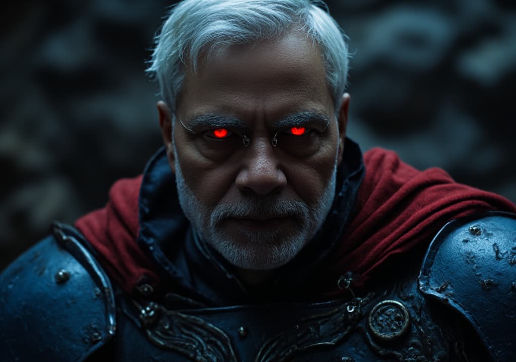  good quality, high quality, a hyper realistic close up portrait of narendra modi, with his glowing red eyes piercing through the darkness, wearing hus iconic red cape and blue armor, with intricate details, looking directly to the camera , asgard blurred background , emphasizes his fierce presence, dark palette, cinematic, epic realism,8k, highly detailed