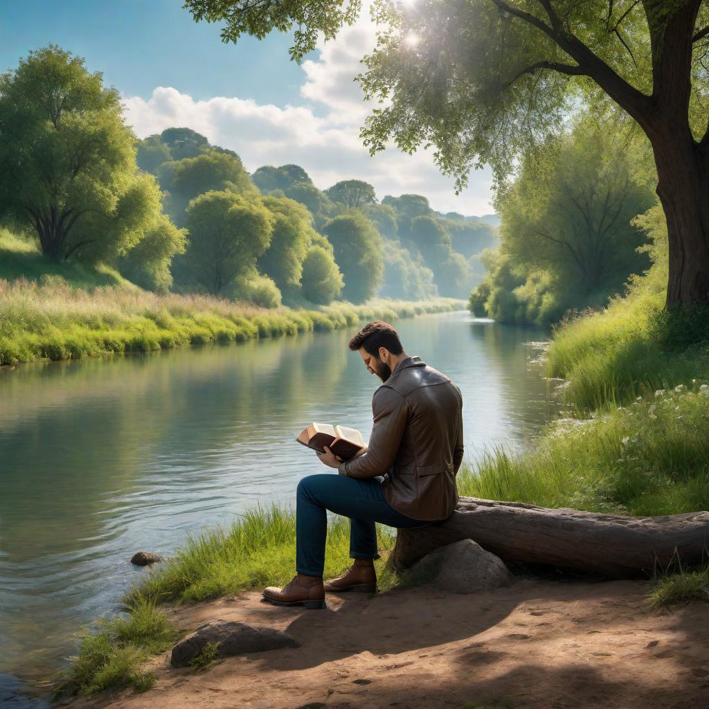  A person reading a Bible by a river bank. The scene should include a tranquil river flowing gently with clear blue water, lush green trees and grass along the bank, and the person sitting under the shade of a tree, engrossed in the Bible. The sky should be clear with a few fluffy white clouds. The overall atmosphere should be peaceful and serene. hyperrealistic, full body, detailed clothing, highly detailed, cinematic lighting, stunningly beautiful, intricate, sharp focus, f/1. 8, 85mm, (centered image composition), (professionally color graded), ((bright soft diffused light)), volumetric fog, trending on instagram, trending on tumblr, HDR 4K, 8K