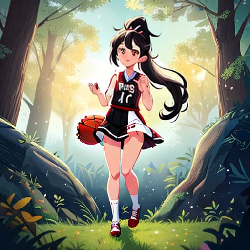  anime girl black hair bright dark brown eyes red and white basketball uniform with the number 18 and the name Nicky white and black shoes Have your hair in a medium high ponytail with two strands on the sides of your ears, have a basketball and look full body Pastel Palette, Da Vinci's Dreams, Picasso's , Sunrise Splendors, Floral Fantasy, Mystical Moonscapes, Urban Nature, Crystal Clear, Cinematic hyperrealistic, full body, detailed clothing, highly detailed, cinematic lighting, stunningly beautiful, intricate, sharp focus, f/1. 8, 85mm, (centered image composition), (professionally color graded), ((bright soft diffused light)), volumetric fog, trending on instagram, trending on tumblr, HDR 4K, 8K