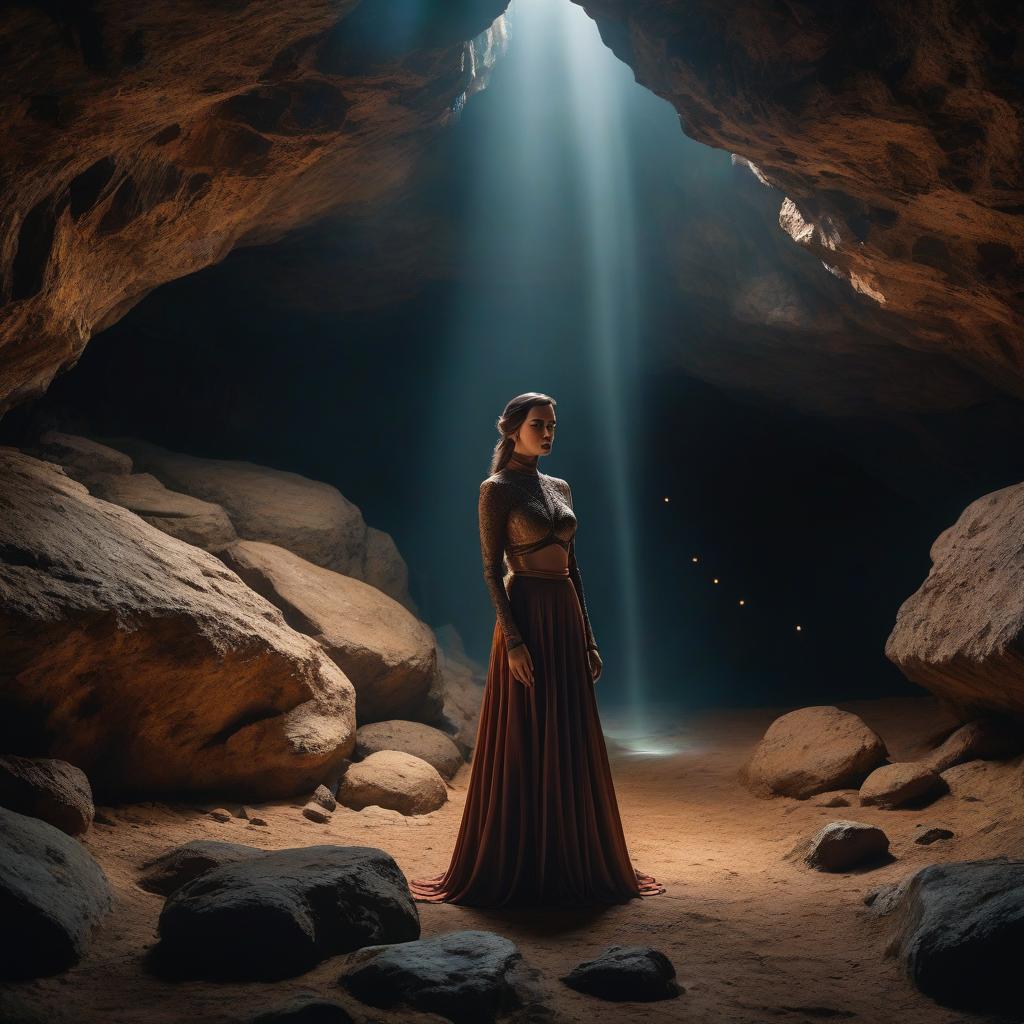  Girl in the cave. Captive of Ludede. hyperrealistic, full body, detailed clothing, highly detailed, cinematic lighting, stunningly beautiful, intricate, sharp focus, f/1. 8, 85mm, (centered image composition), (professionally color graded), ((bright soft diffused light)), volumetric fog, trending on instagram, trending on tumblr, HDR 4K, 8K