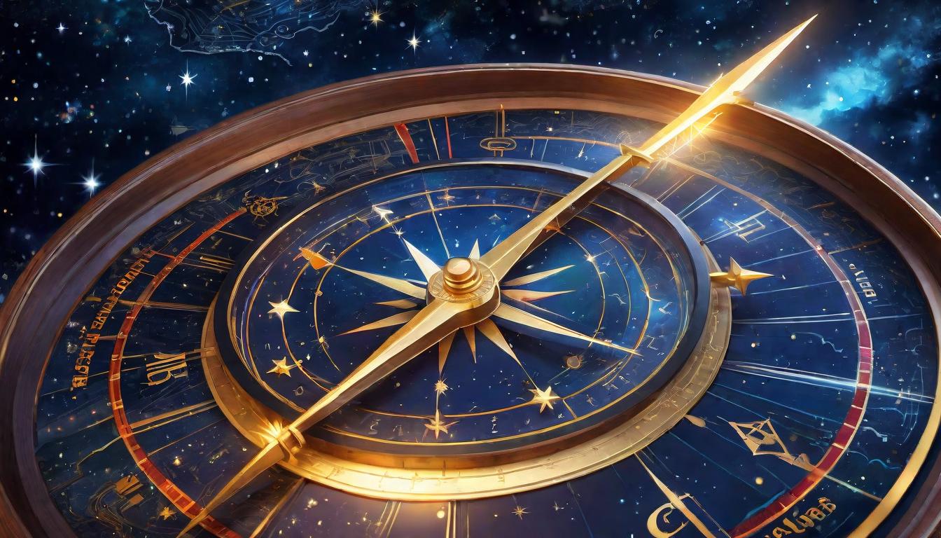  digital painting of A compass needle pointing towards a glowing symbol amidst a map of constellations, navigation, discovery, signs amidst the stars looking at viewer, dynamic pose, (intricate details, masterpiece, best quality)