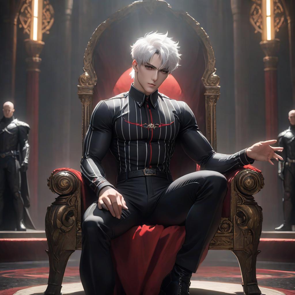  A man, tall, sits on a throne, legs crossed, short white hair, red pupils with black sclera, fair skin,muscular body, black unbuttoned shirt, black pants with white longitudinal stripes hyperrealistic, full body, detailed clothing, highly detailed, cinematic lighting, stunningly beautiful, intricate, sharp focus, f/1. 8, 85mm, (centered image composition), (professionally color graded), ((bright soft diffused light)), volumetric fog, trending on instagram, trending on tumblr, HDR 4K, 8K