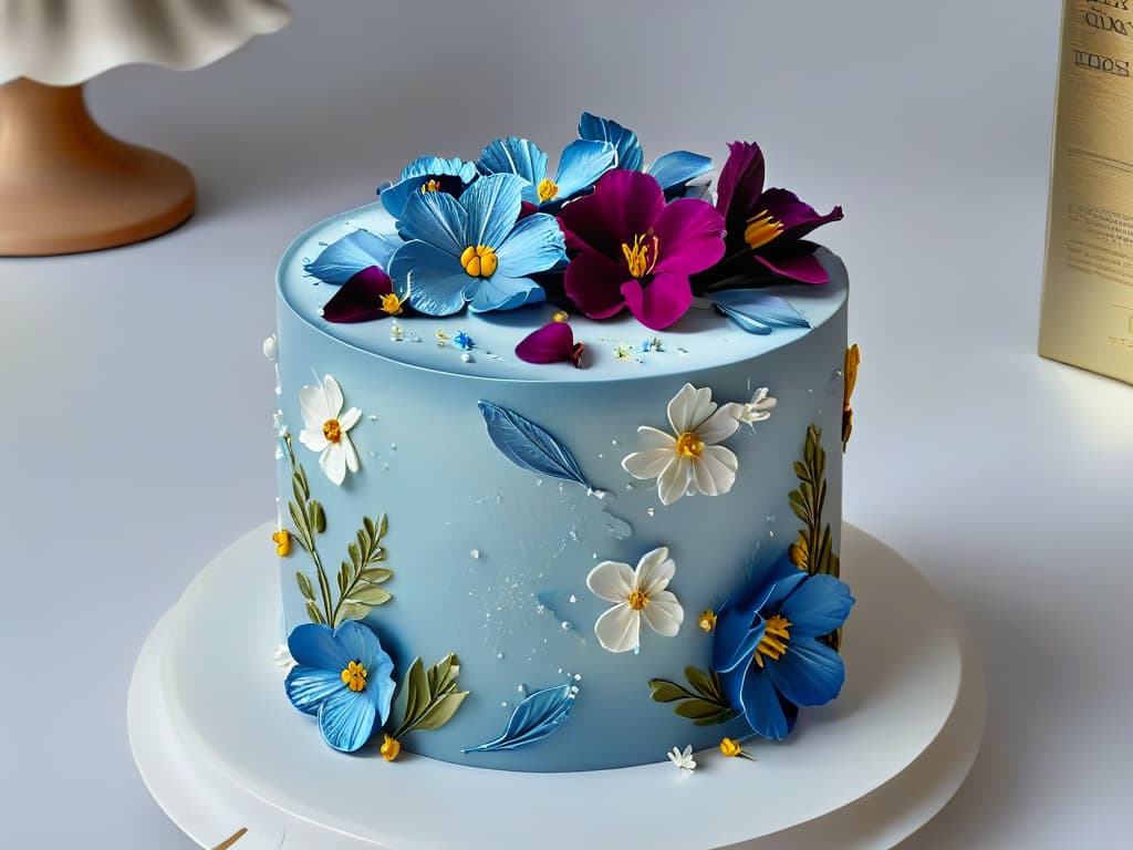  An ultradetailed image of a perfectly frosted threetiered cake adorned with intricate edible flowers and shimmering metallic details, showcasing the artistry and precision of modern edible paint techniques. hyperrealistic, full body, detailed clothing, highly detailed, cinematic lighting, stunningly beautiful, intricate, sharp focus, f/1. 8, 85mm, (centered image composition), (professionally color graded), ((bright soft diffused light)), volumetric fog, trending on instagram, trending on tumblr, HDR 4K, 8K