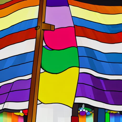  crea una imagen de una iglesia muy moderna de color de la bandera lgbq+ y alrededor muchos robots malos