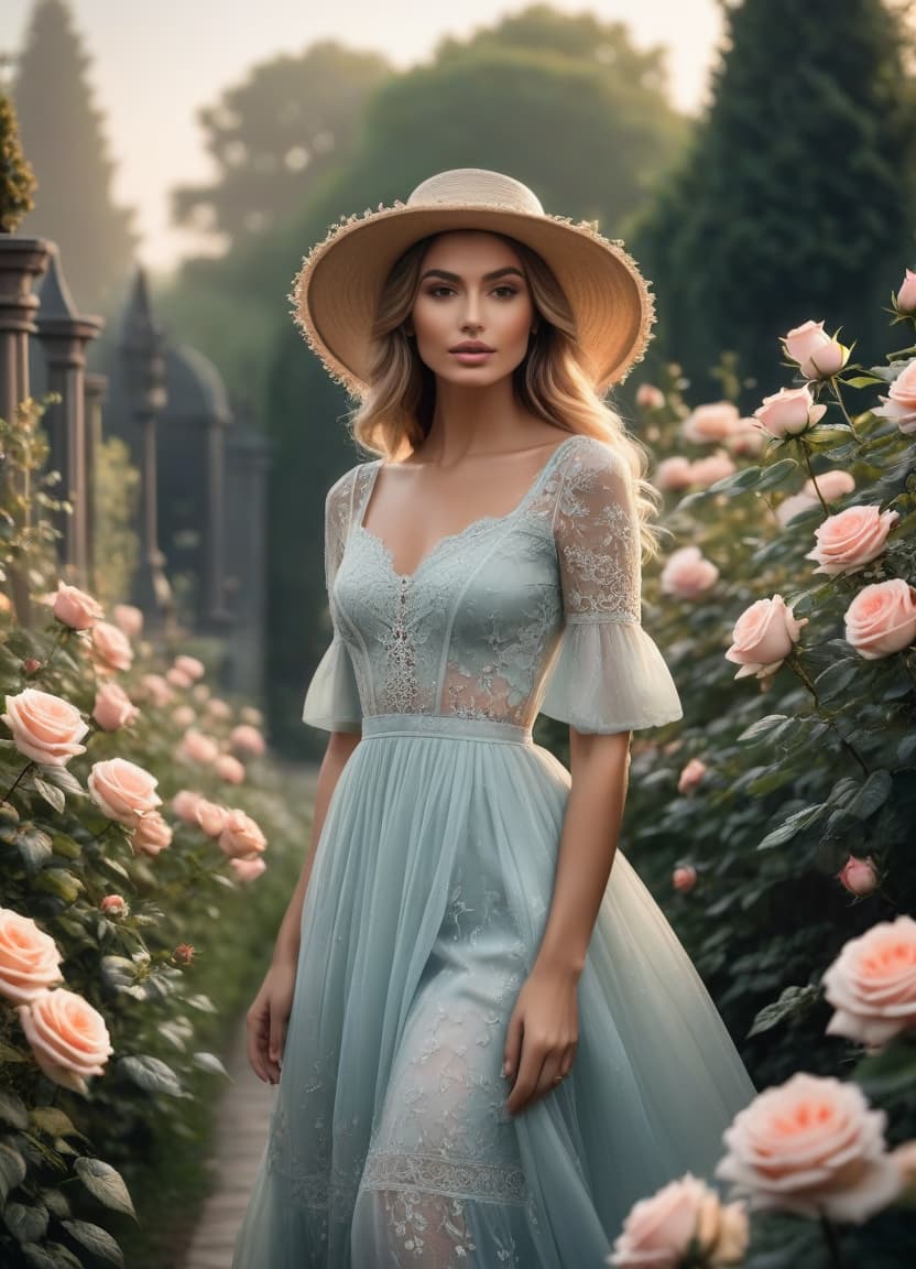  cinematic film still Delicate English watercolour in pastel tones, on the background of English garden flowers powder roses in dew, among roses stands a lovely in a straw hat decorated with flowers and in a lush dress with lace, openwork wrought iron fence, octane, dew glistens and shimmers in the sun lumen, in the distance marble statue, aesthetic flowers,art botanical, organic biological,realistic . shallow depth of field, vignette, highly detailed, high budget, bokeh, cinemascope, moody, epic, gorgeous, film grain, grainy hyperrealistic, full body, detailed clothing, highly detailed, cinematic lighting, stunningly beautiful, intricate, sharp focus, f/1. 8, 85mm, (centered image composition), (professionally color graded), ((bright soft diffused light)), volumetric fog, trending on instagram, trending on tumblr, HDR 4K, 8K