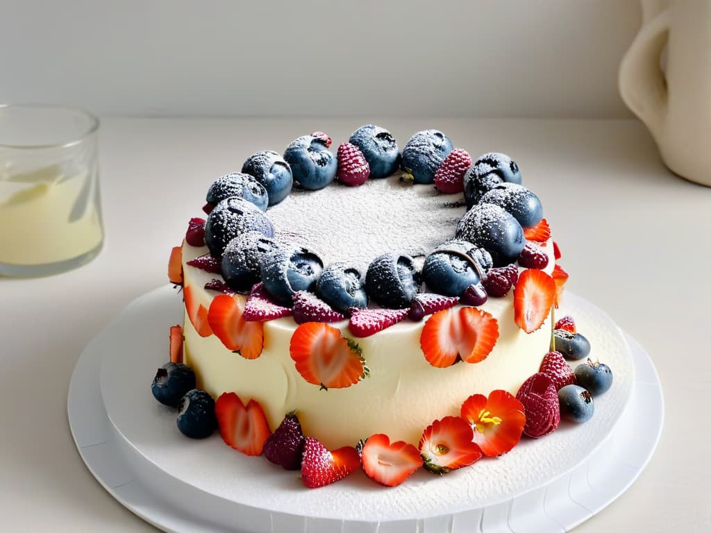  A closeup, ultradetailed image of a delicate, intricately designed cake adorned with fresh berries, edible flowers, and dusted with a light sprinkle of powdered sugar. The cake sits on a simple, elegant white platter, with soft natural lighting highlighting the textures and colors of the ingredients. The meticulous details of the decoration and the vibrant, appetizing colors make this image a visually striking and enticing addition to the article on integrating alternative sugars in baking. hyperrealistic, full body, detailed clothing, highly detailed, cinematic lighting, stunningly beautiful, intricate, sharp focus, f/1. 8, 85mm, (centered image composition), (professionally color graded), ((bright soft diffused light)), volumetric fog, trending on instagram, trending on tumblr, HDR 4K, 8K