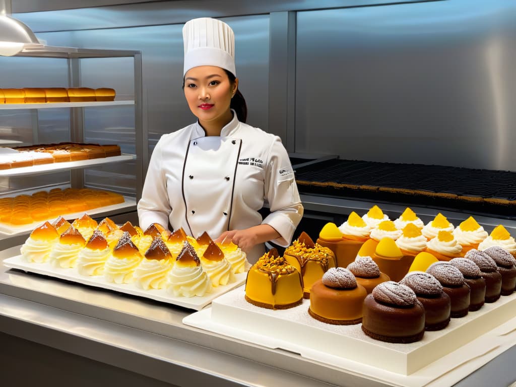  A photorealistic image of a professional pastry chef standing proudly in a modern, wellequipped bakery kitchen, surrounded by beautifully decorated cakes, pastries, and confectioneries. The chef is wearing a crisp white chef's jacket and hat, with a focused and determined expression as they meticulously work on a delicate sugar sculpture. The kitchen is filled with the warm glow of sunlight streaming in through large windows, highlighting the chef's skillful hands and the intricate details of their creations. The scene exudes an aura of passion, dedication, and success in the world of pastry arts. hyperrealistic, full body, detailed clothing, highly detailed, cinematic lighting, stunningly beautiful, intricate, sharp focus, f/1. 8, 85mm, (centered image composition), (professionally color graded), ((bright soft diffused light)), volumetric fog, trending on instagram, trending on tumblr, HDR 4K, 8K